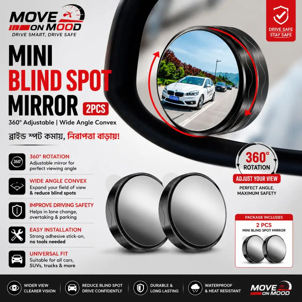 Mini Blind Spot Mirror (2pcs) | 360° Wide Angle Convex Rear View Mirror for Car | Universal Adjustable Safety Mirror | Move on Mood