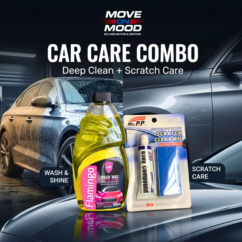 Move on Mood Premium Car Wash & Scratch Repair Combo – Flamingo Car Wash Shampoo + Mc.PP Scratch Clear Kit | ঘরেই করুন প্রিমিয়াম কার কেয়ার
