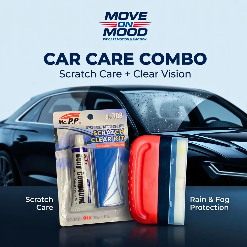 Move on Mood Car Care Monsoon Combo – Mc.PP Scratch Clear Kit + Rain & Fog Glass Cleaner | স্ক্র্যাচ রিমুভাল ও রেইন/ফগ গ্লাস ক্লিনার কম্বো